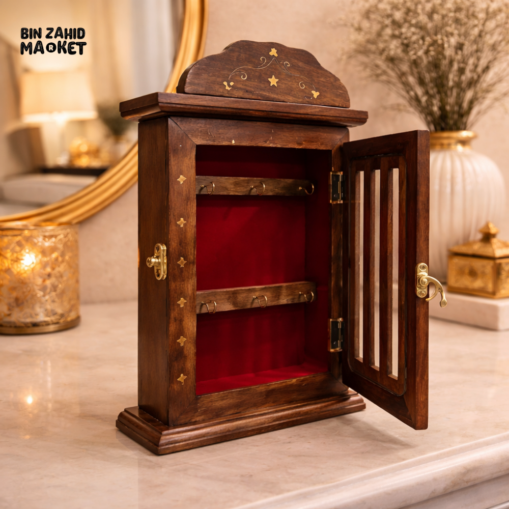 WOODLY SHEESHAM WOOD KEY HOLDER CABINET WITH GLASS DOOR