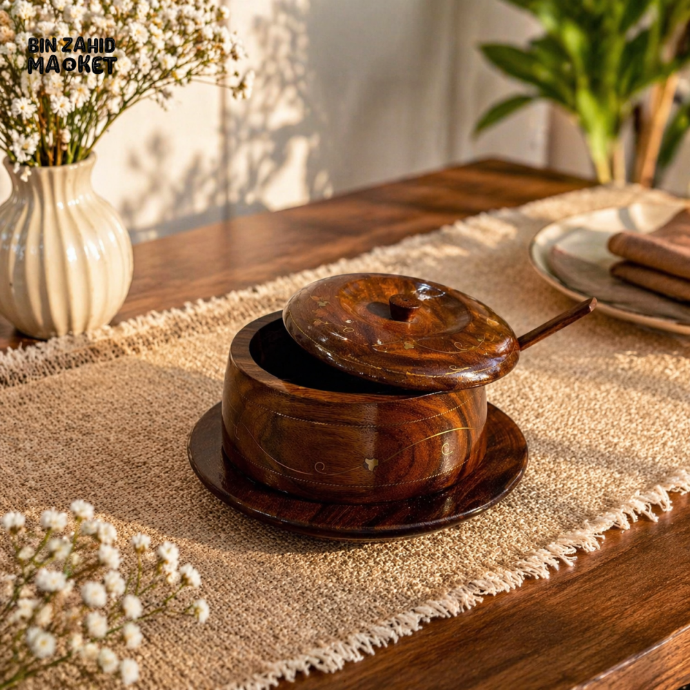 WOODLY SHEESHAM WOOD SUGAR POT WITH LID & SPOON
