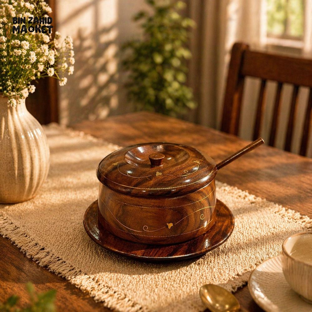 WOODLY SHEESHAM WOOD SUGAR POT WITH LID & SPOON