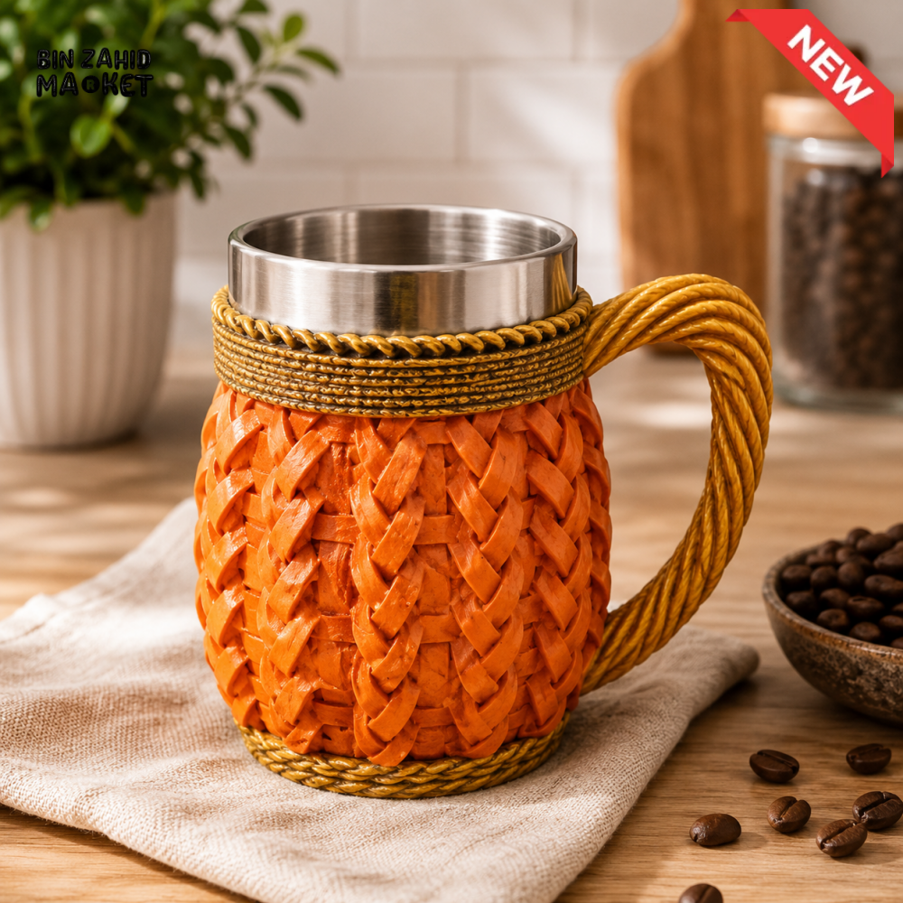 WOVEN RATTAN STYLE STAINLESS STEEL MUG - 500 ML
