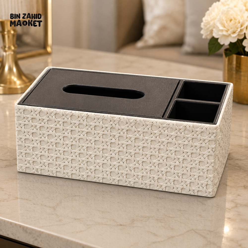 WOVEN TEXTURE TISSUE BOX WITH DUAL STORAGE COMPARTMENTS