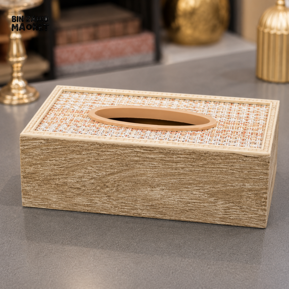 WOVEN TOP WOOD LOOK RECTANGULAR TISSUE BOX