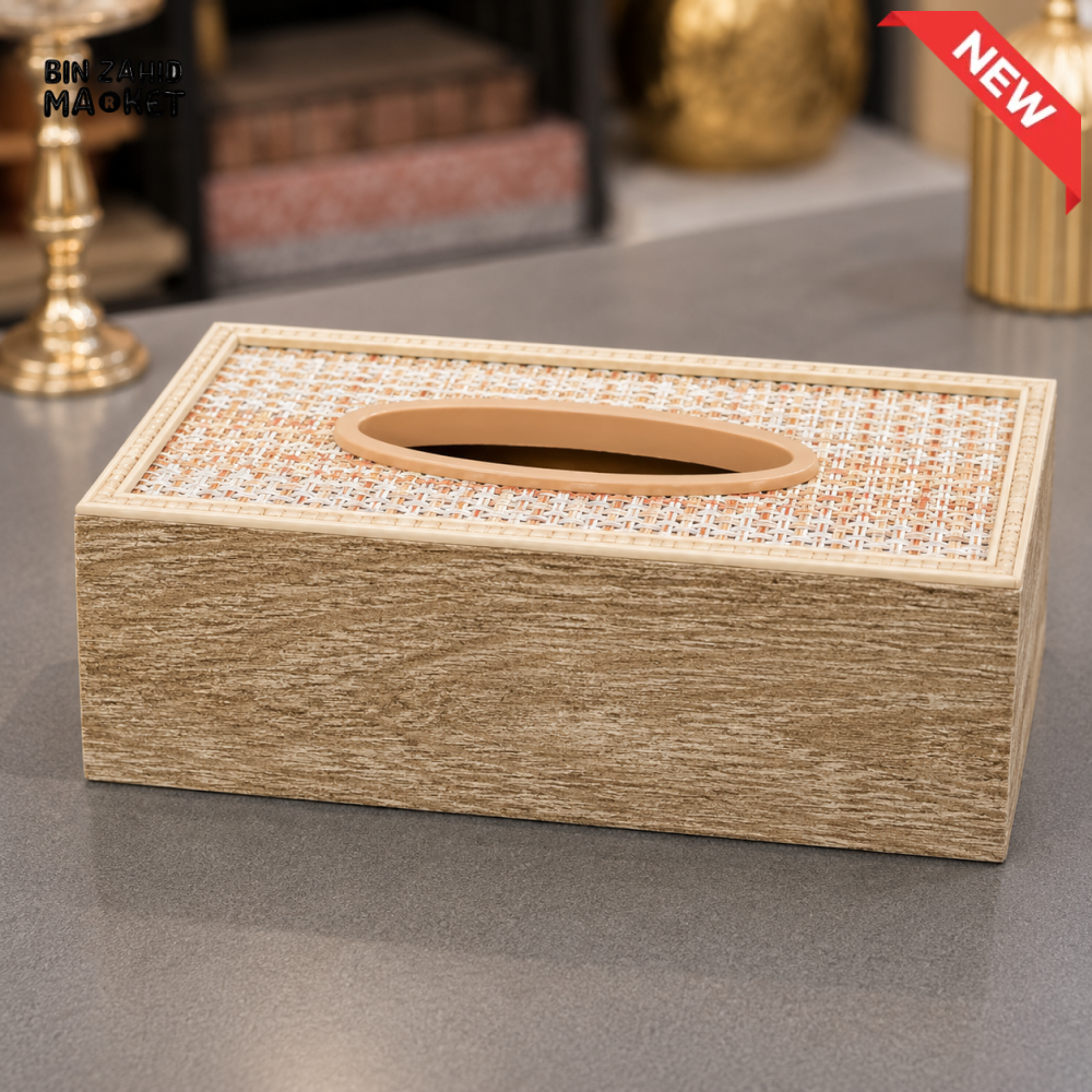 WOVEN TOP WOOD LOOK RECTANGULAR TISSUE BOX