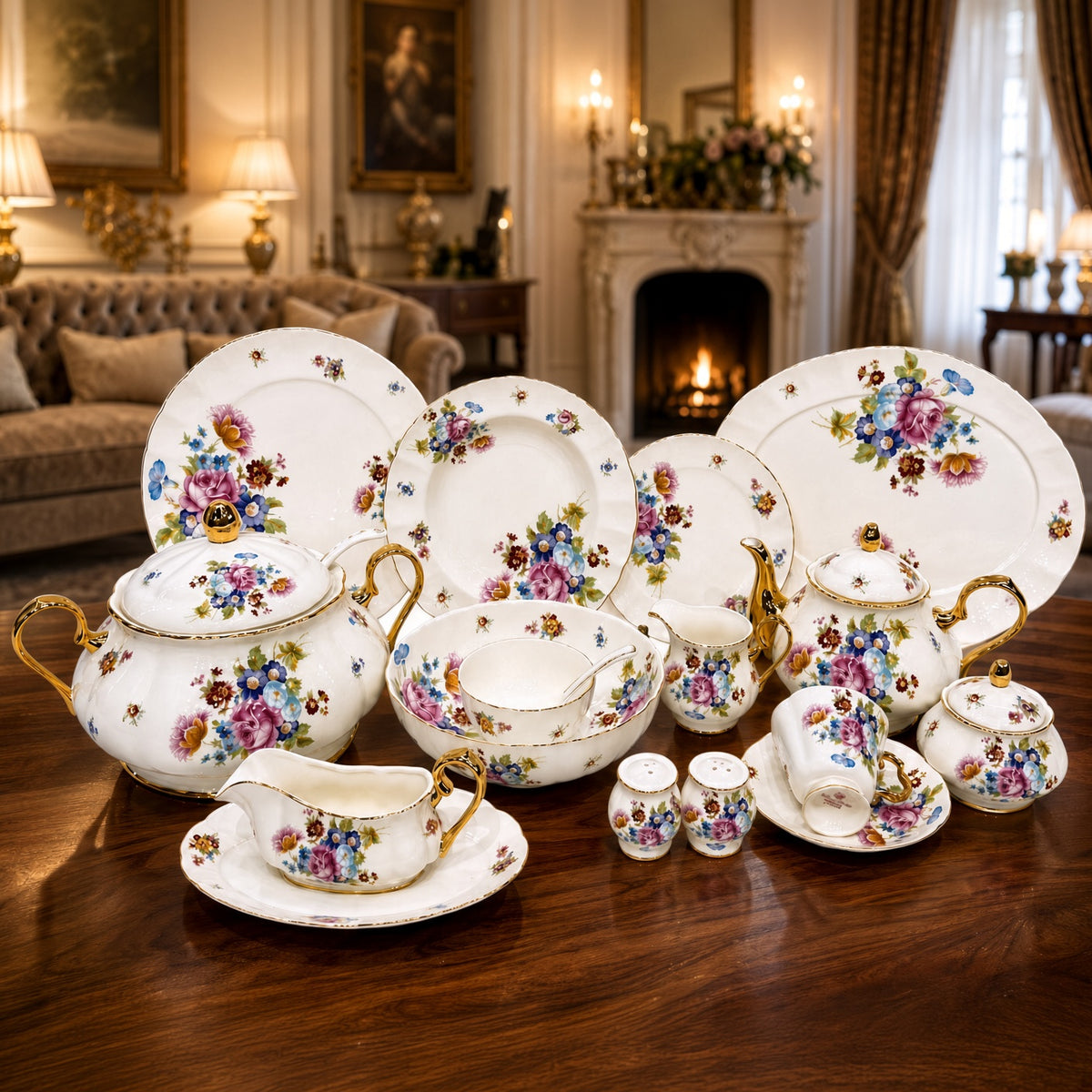 Royal Albert Inspired Multi-Coloured Floral Patterns 75 Pieces 8 Persons Serving Bone China Dinner Set