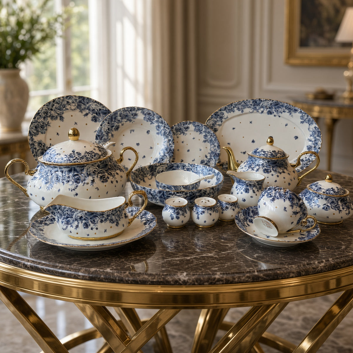 Royal Albert Inspired Blue Floral Patterns & Gold Accents 75 Pieces 8 Serving Person Bone China Dinner Set