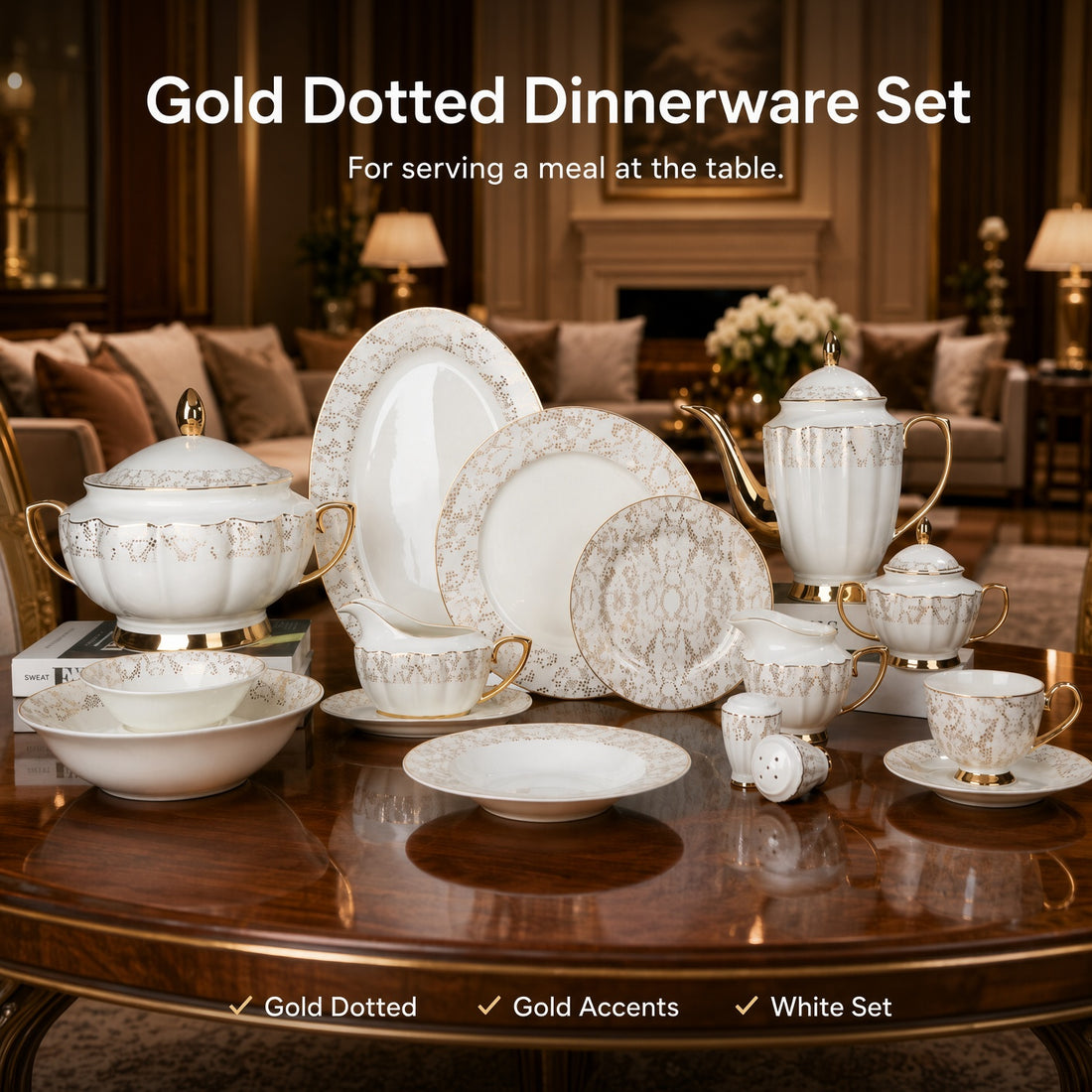 Johnson Bros Inspired Gold Dotted Trims Bone China Dinner Set