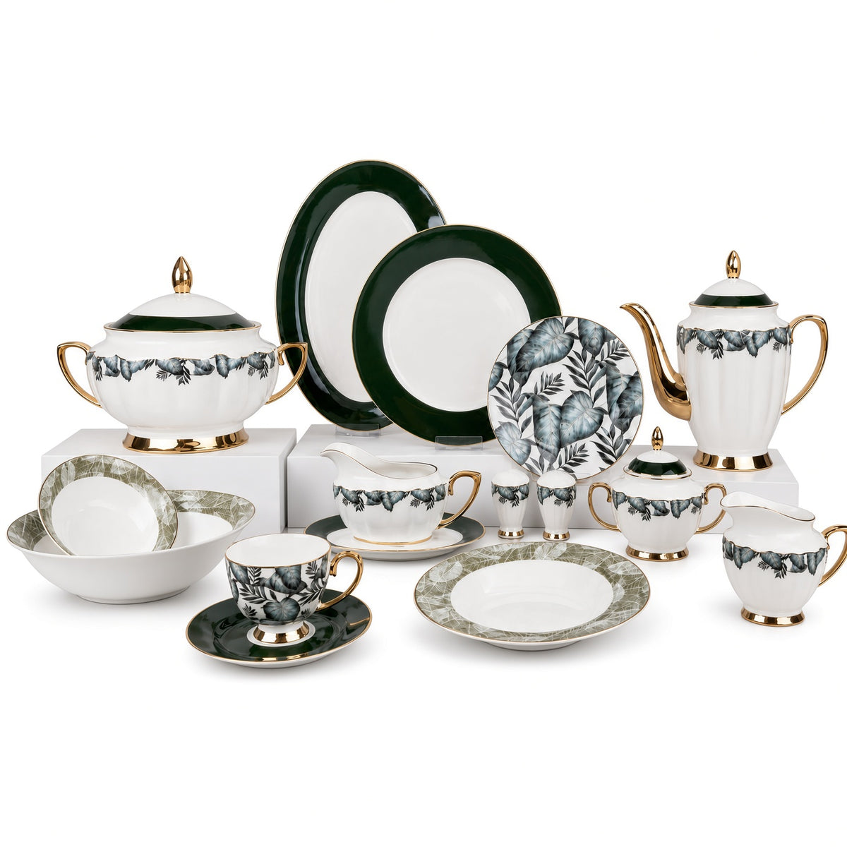 Johnson Bros Inspired Green Leaf Patterns Bone China Dinner Set