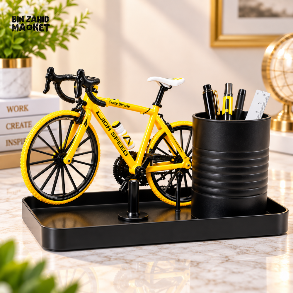 YELLOW BICYCLE DESIGN DESKTOP PEN HOLDER & ORGANIZER
