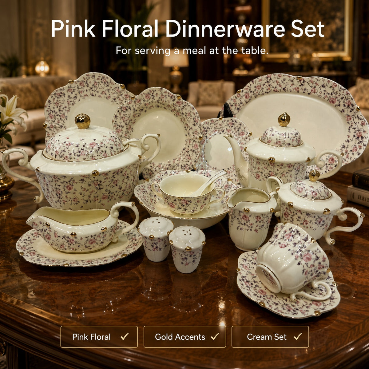 Royal Albert Inspired Cream Set Pink Floral & Gold Trims 75 Pieces 8 Persons Serving Bone China Dinner Set