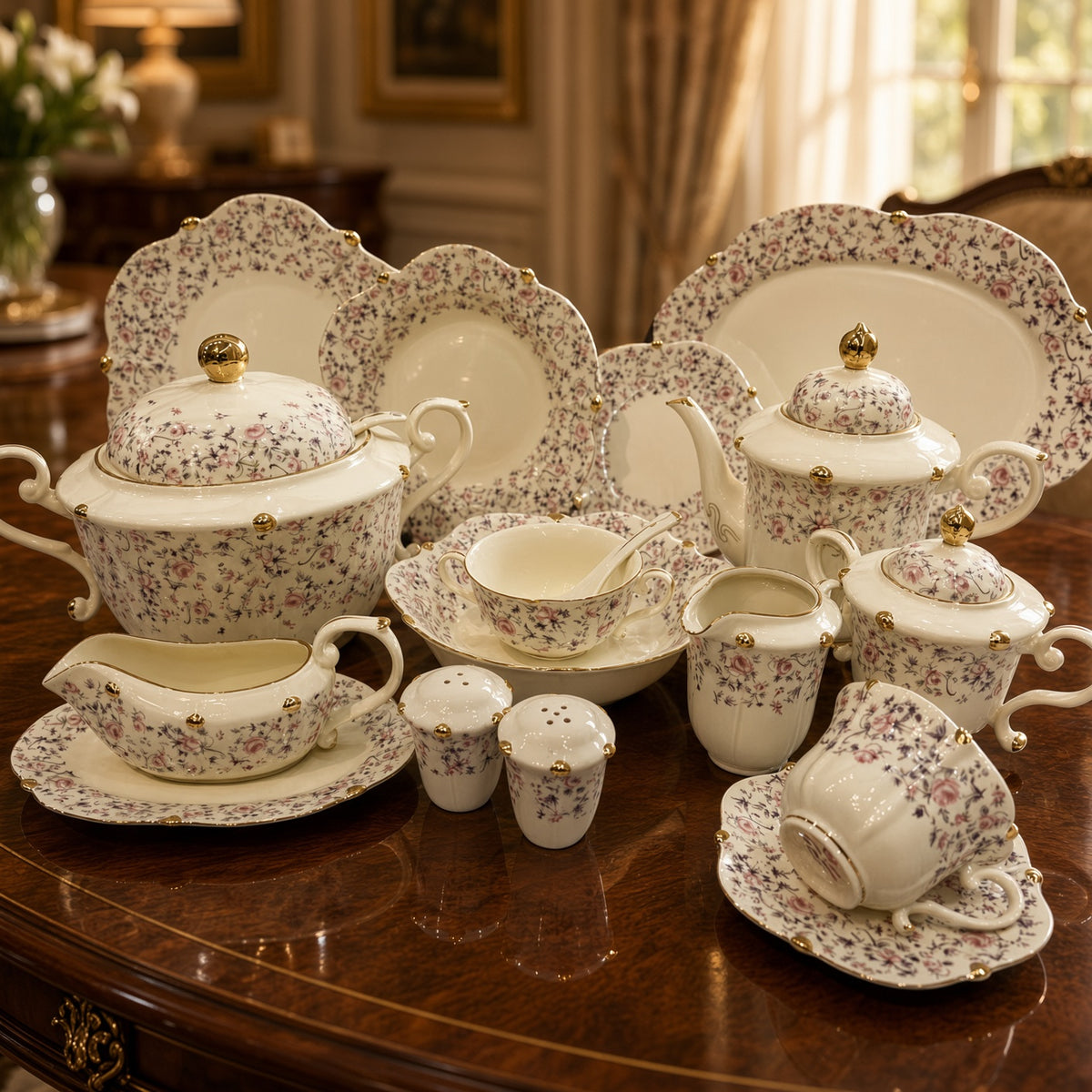 Royal Albert Inspired Cream Set Pink Floral & Gold Trims 75 Pieces 8 Persons Serving Bone China Dinner Set