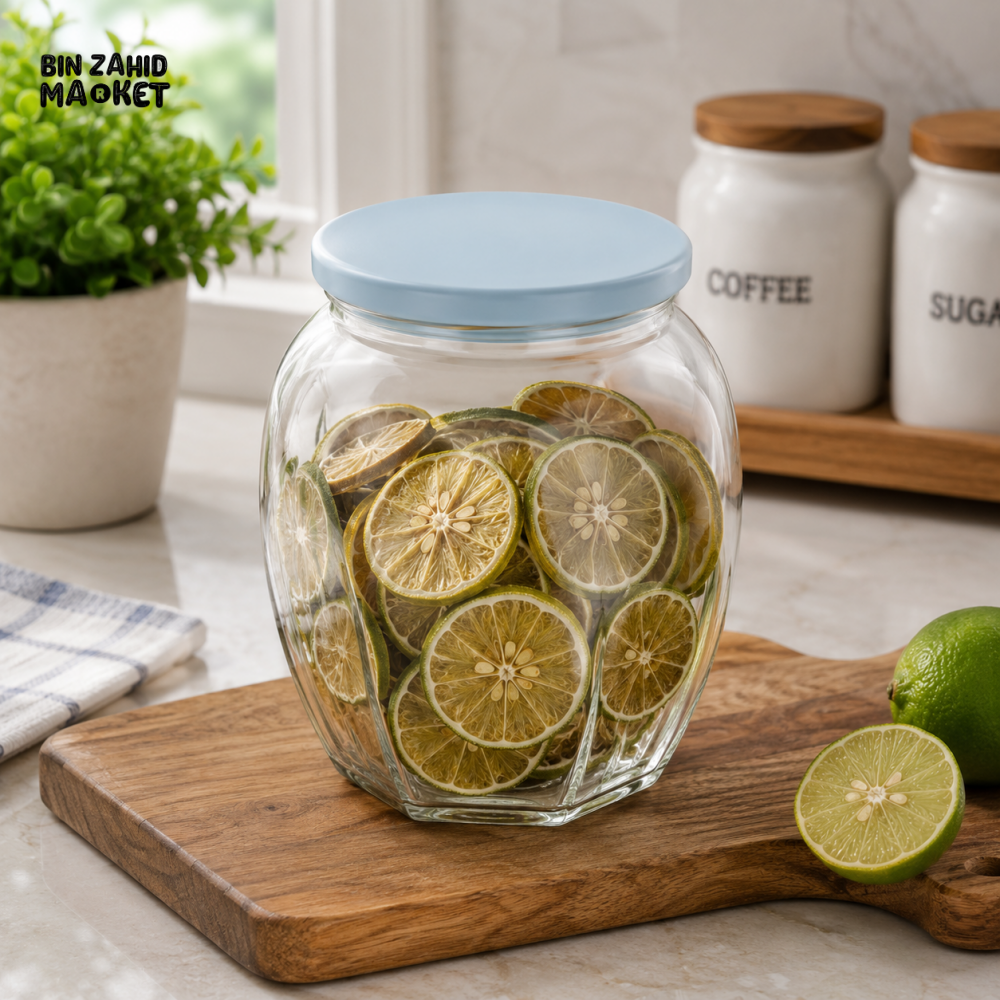 ZIBA GLASS AIRTIGHT STORAGE JAR WITH BLUE PLASTIC LID