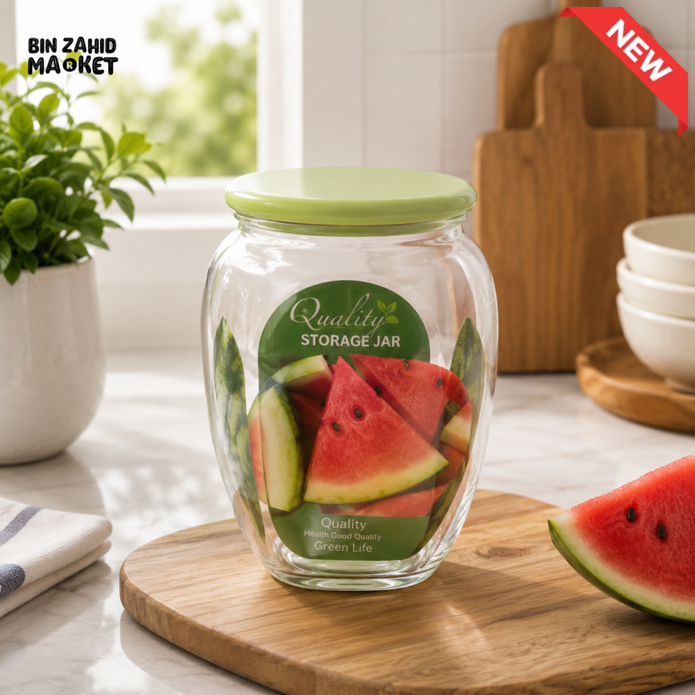 ZIBA GLASS AIRTIGHT STORAGE JAR WITH GREEN PLASTIC LID