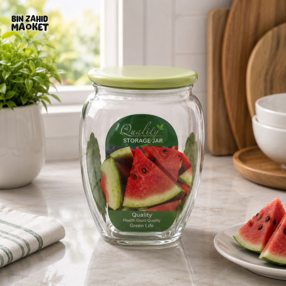 ZIBA GLASS AIRTIGHT STORAGE JAR WITH GREEN PLASTIC LID