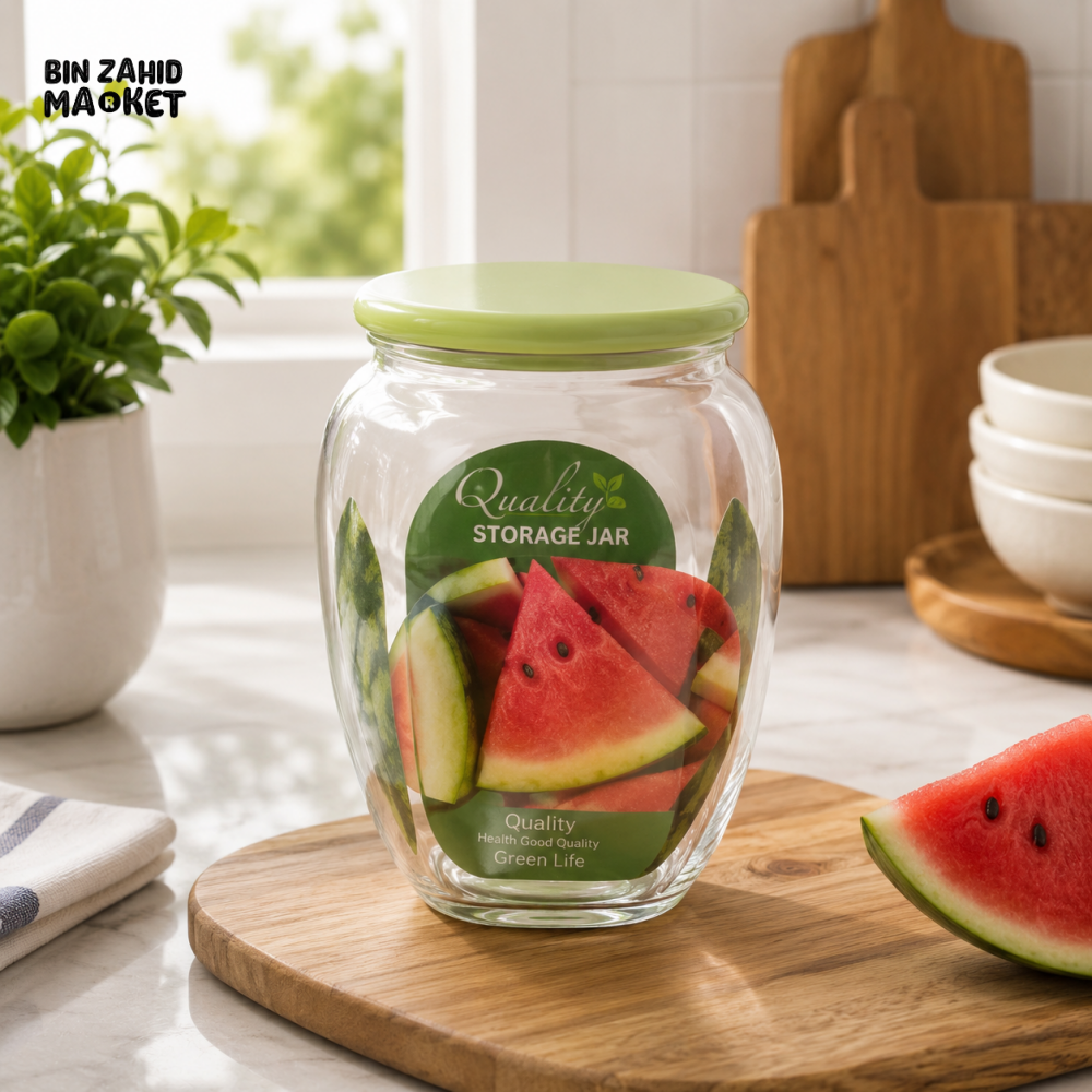 ZIBA GLASS AIRTIGHT STORAGE JAR WITH GREEN PLASTIC LID