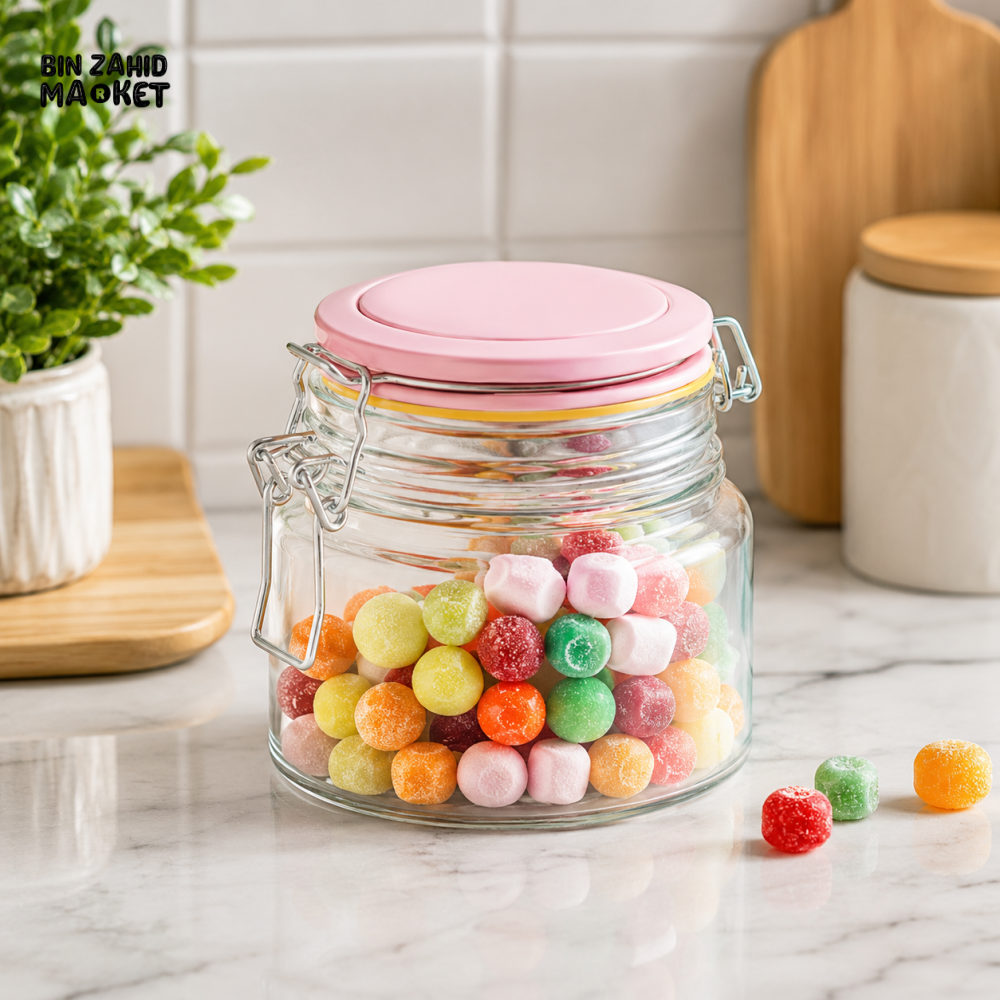 OZIBA GLASS AIRTIGHT STORAGE JAR WITH PINK LID | KITCHEN FOOD STORAGE CONTAINER