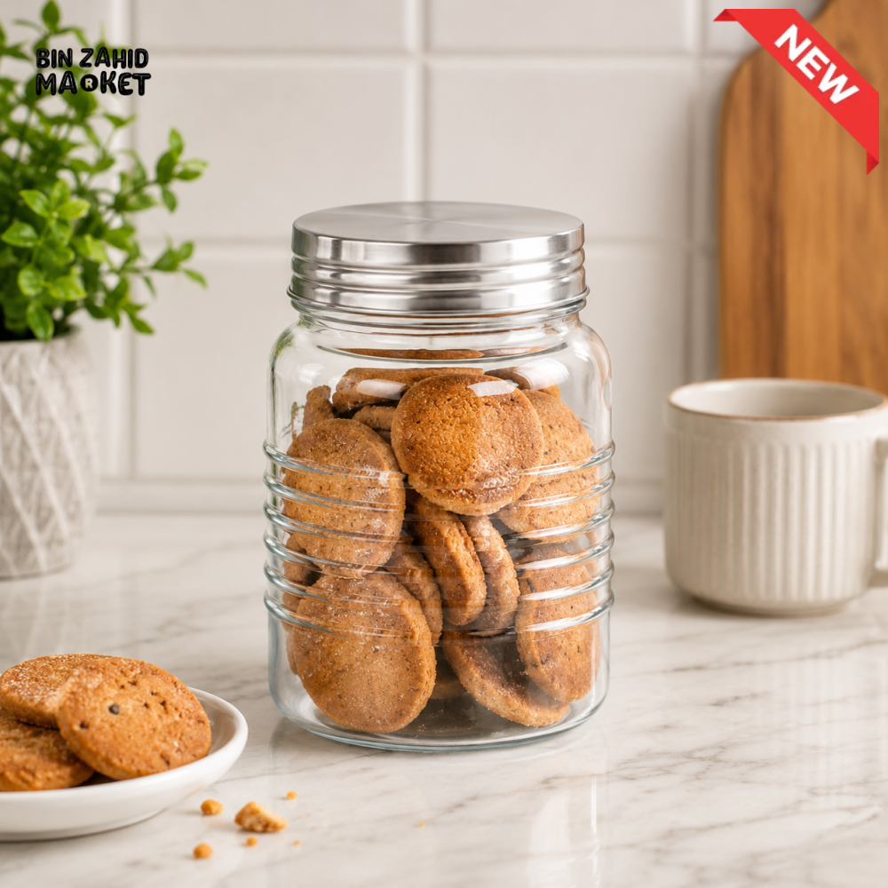 OZIBA GLASS COOKIE STORAGE JAR WITH SILVER LID | AIRTIGHT KITCHEN STORAGE CONTAINER