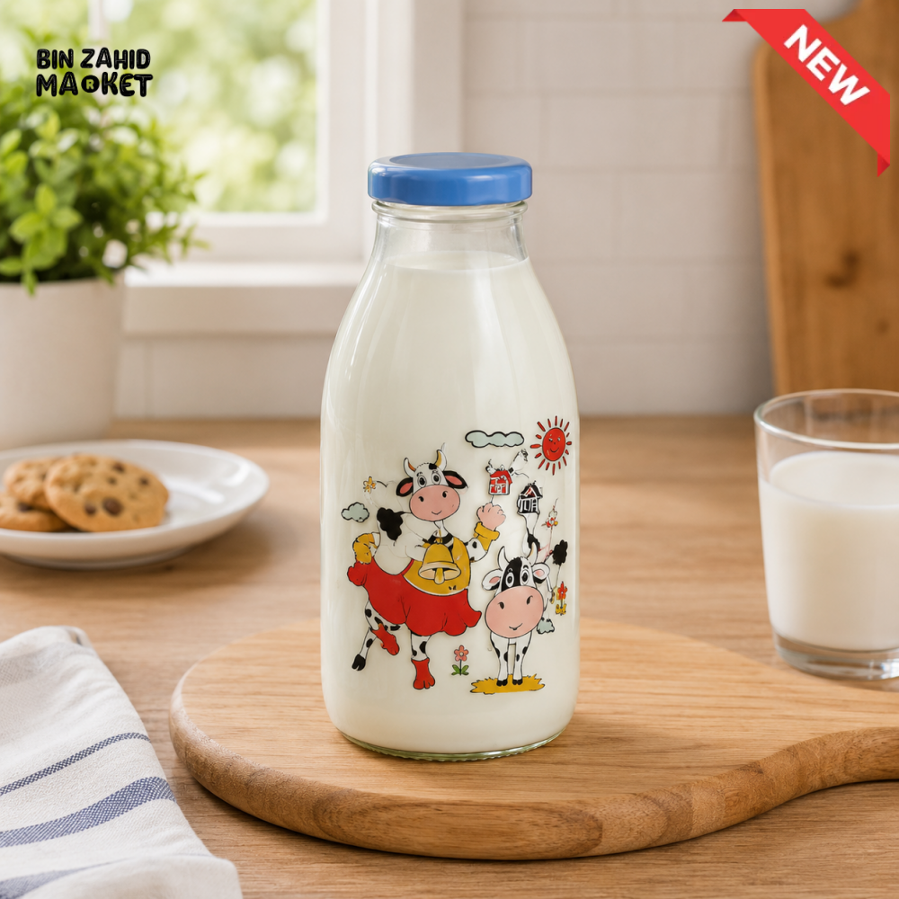 ZIBA GLASS MILK BOTTLE WITH BLUE LID