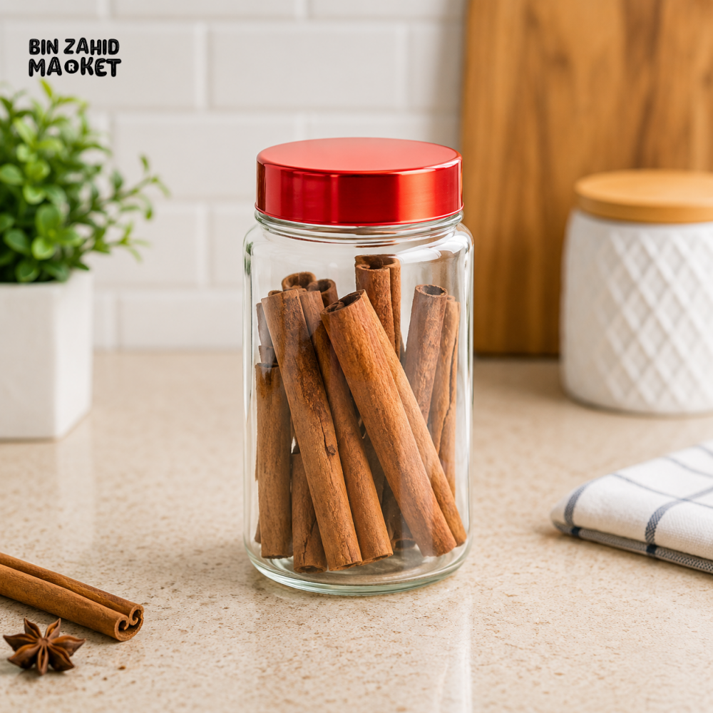 OZIBA GLASS SPICE STORAGE JAR WITH RED LID | KITCHEN AIRTIGHT STORAGE CONTAINER