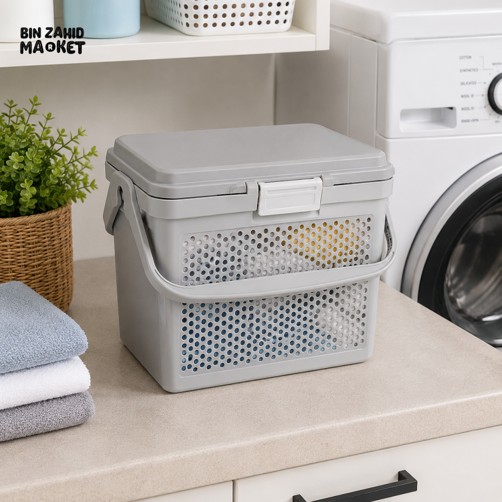 ZIBA MULTIPURPOSE STORAGE BASKET WITH LID & HANDLE - GRAY