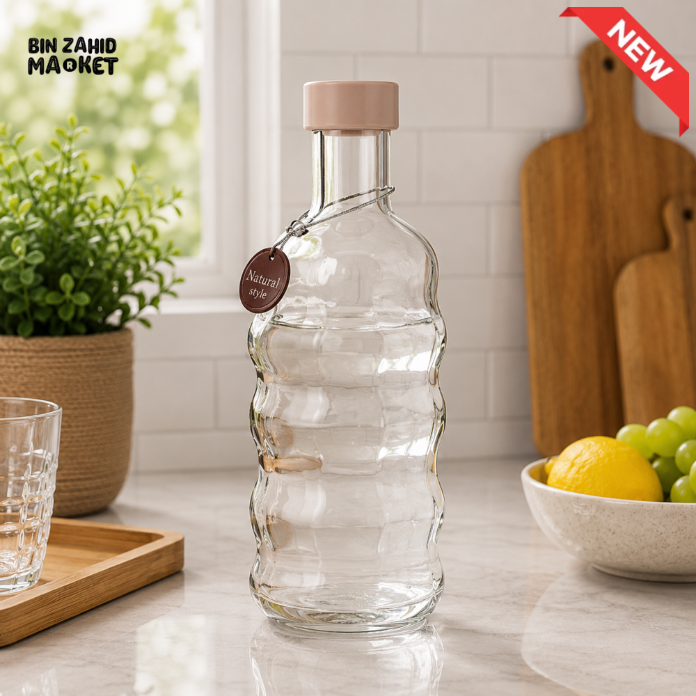 ZIBA WAVY GLASS WATER BOTTLE WITH BEIGE CAP